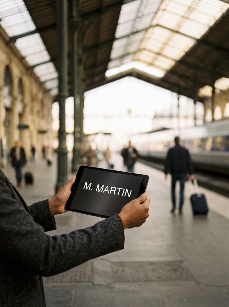 Accueil sur un quai de gare, une tablette affichant le nom du passager