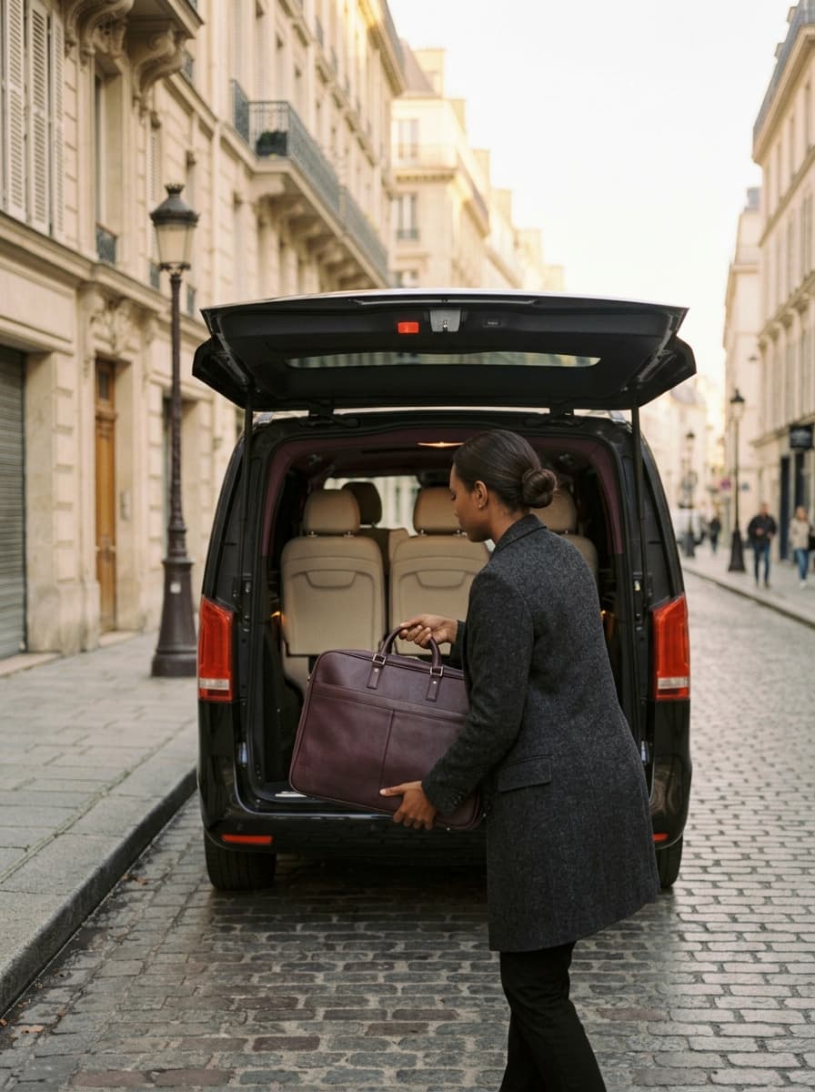 Chauffeure chargeant un bagage dans le coffre du van