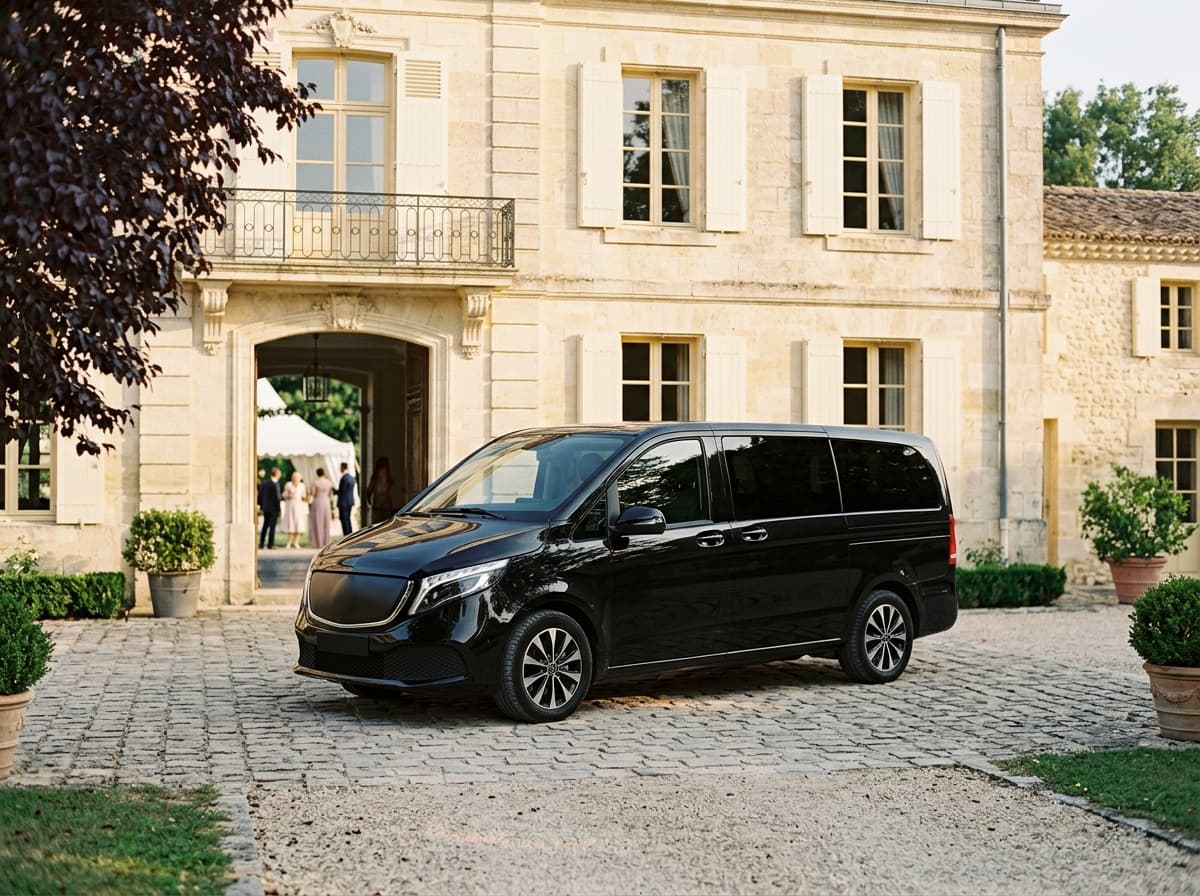 Van noir garé dans la cour d'un château, un jour de mariage