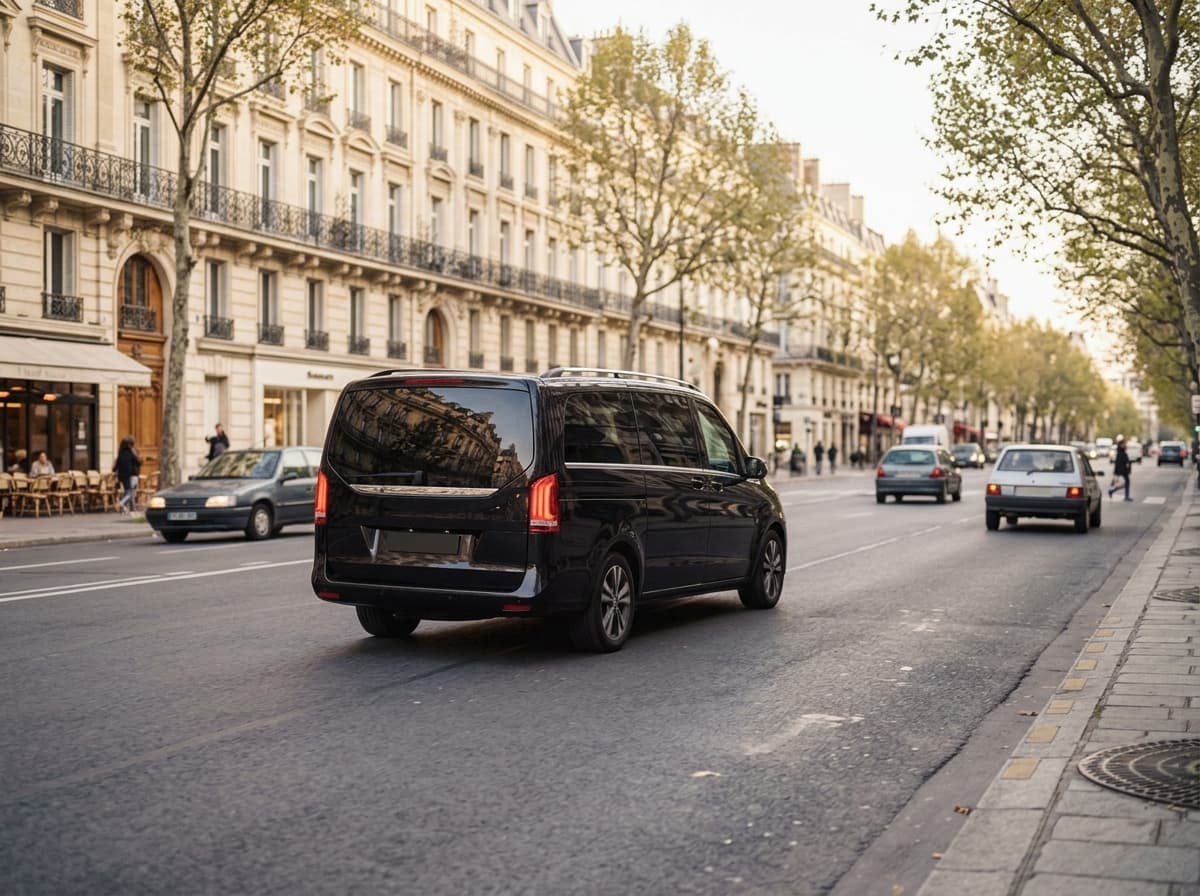 Van noir sur une avenue haussmannienne, en journée