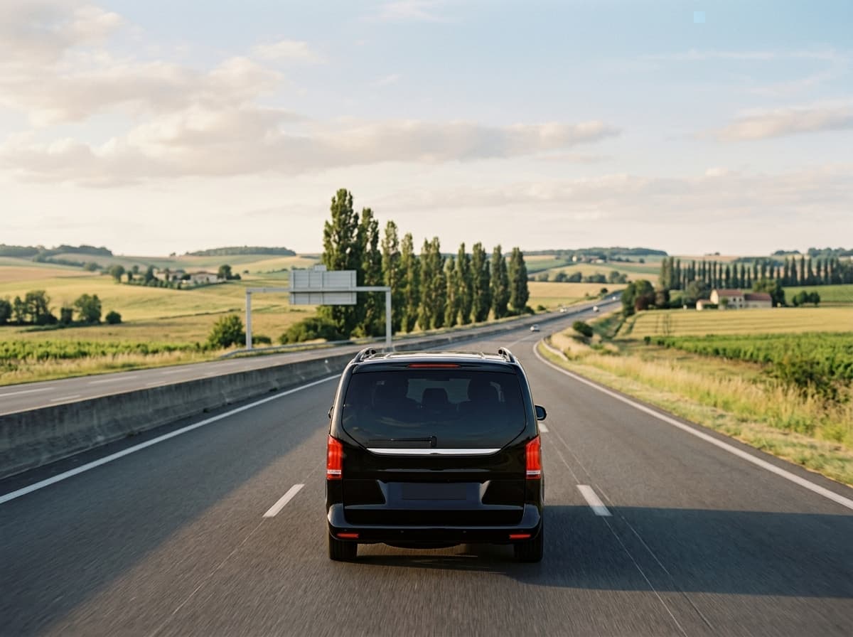 Van noir sur l'autoroute, entre des champs et une rangée de peupliers