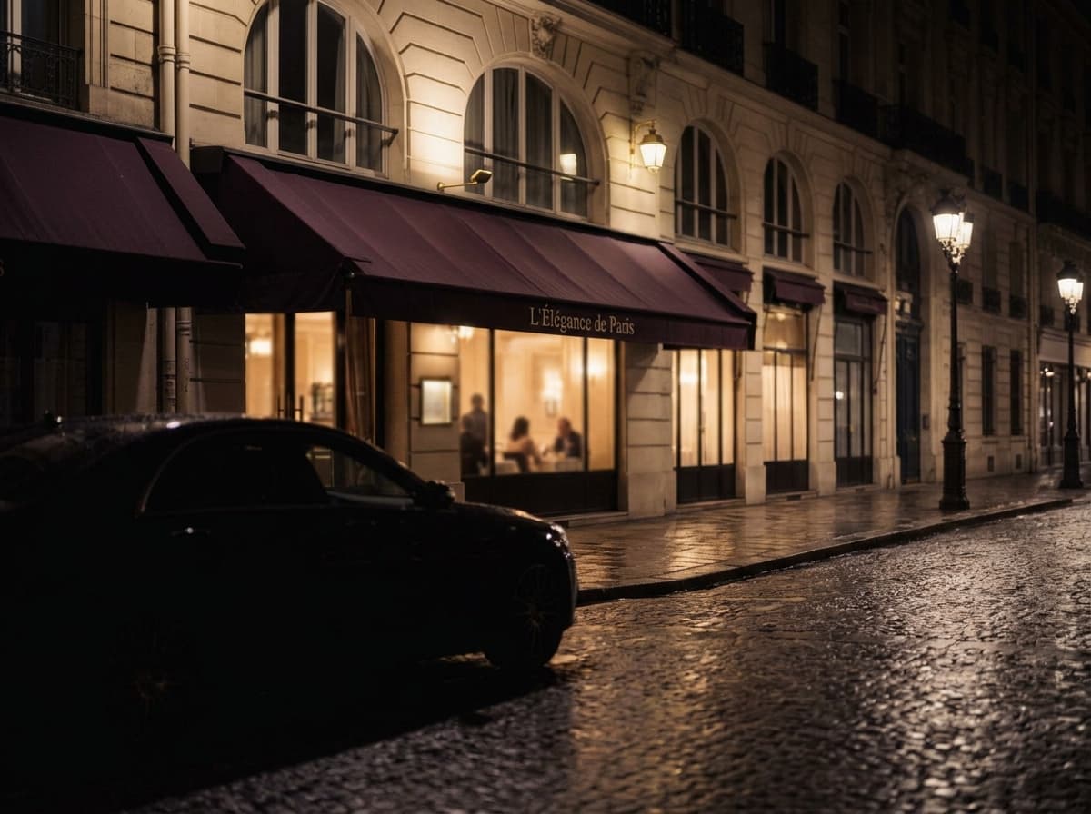 Voiture qui attend devant la façade éclairée d'un restaurant, le soir