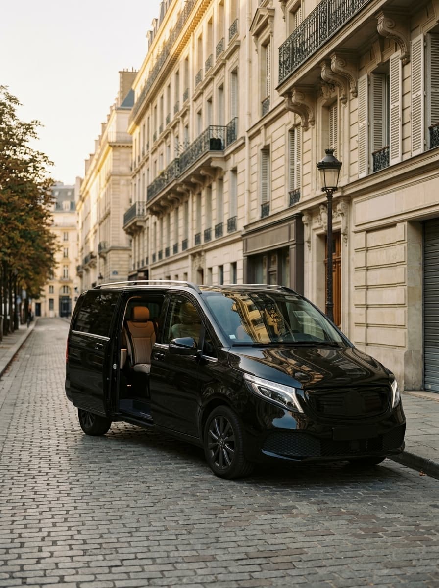 Van électrique noir garé dans une rue de Paris, portière latérale ouverte