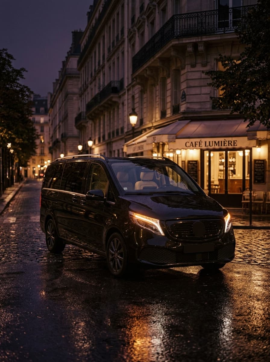 Van noir de nuit, phares allumés, sur les pavés mouillés d'une rue de Paris