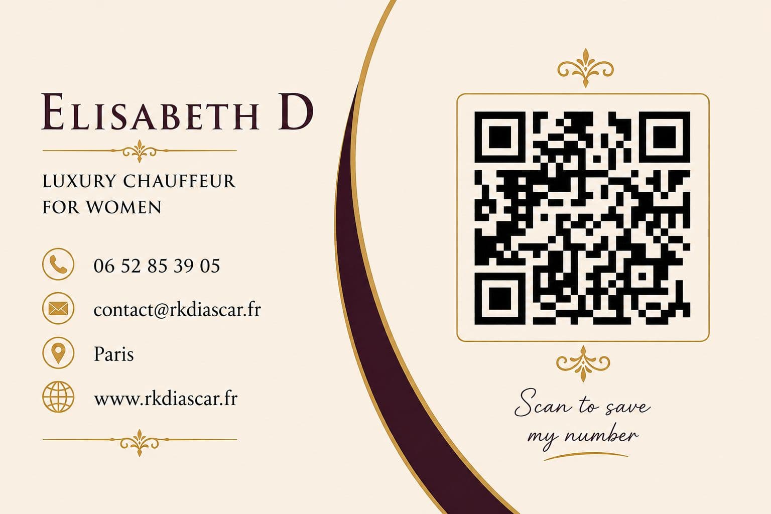 Recto de la carte : Elisabeth D., chauffeure de luxe pour femmes, téléphone, courriel, Paris, et un QR code pour enregistrer le contact.