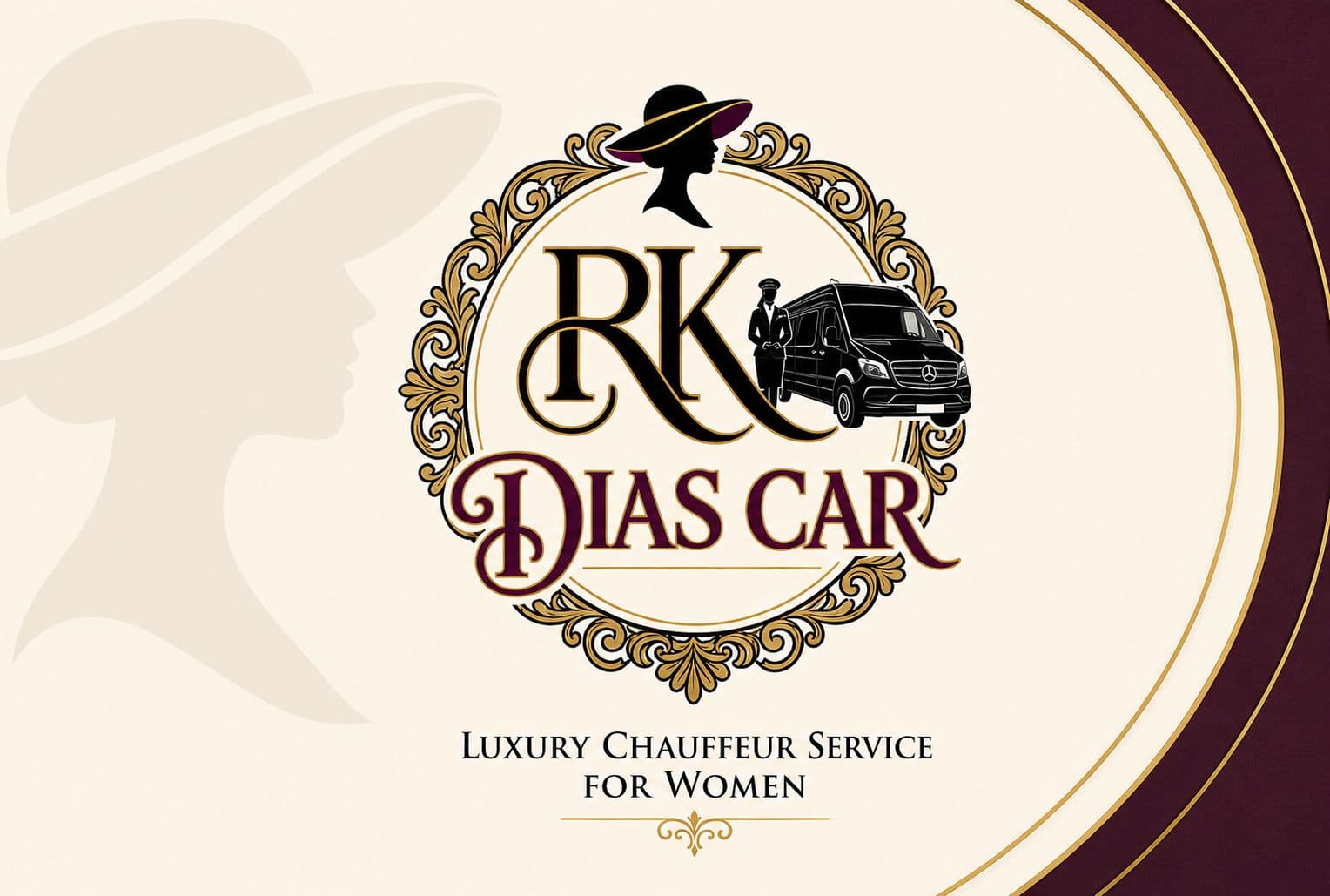 Verso de la carte : le logo RK Dias Car, silhouette de femme au chapeau, monogramme et van Mercedes.