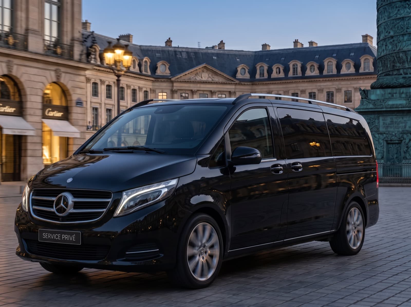 黑色 Mercedes 商务车的正面,巴黎旺多姆广场