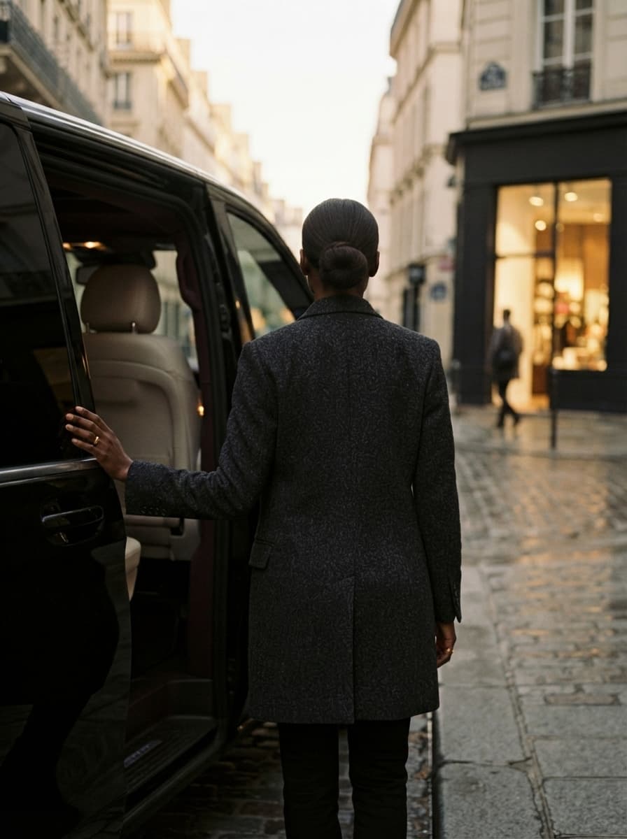 Chauffeure de dos, la main sur la portière ouverte du van